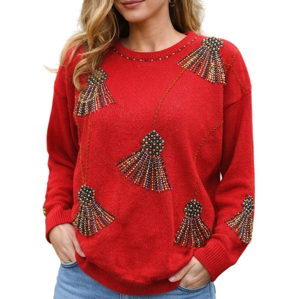 Vintage 80s Womens Medium Victoria Harbour Red Beaded Sweater Shoulder Pads